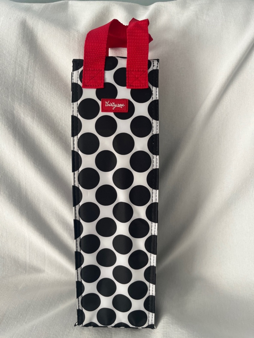 thirty-one Black Polka Dot Bottle Tote with Red Handles